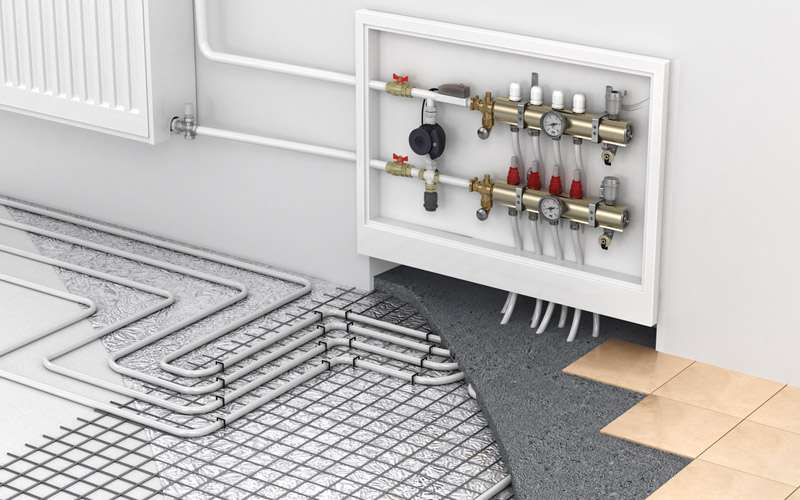 Doorsnede van een tegelvloer met vloerverwarming – ideaal om te laten zien hoe tegels perfect combineren met vloerverwarming dankzij optimale warmtegeleiding en energiezuinig comfort in huis.