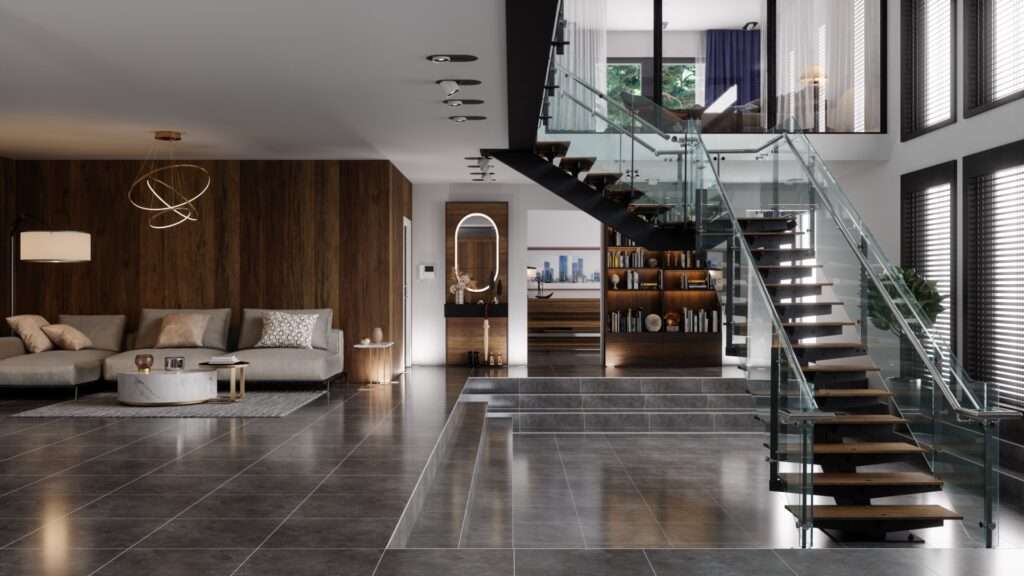 Luxe woonkamer met moderne grote vloertegels, houten wandpanelen, glazen trap en designmeubels in een eigentijdse villa.