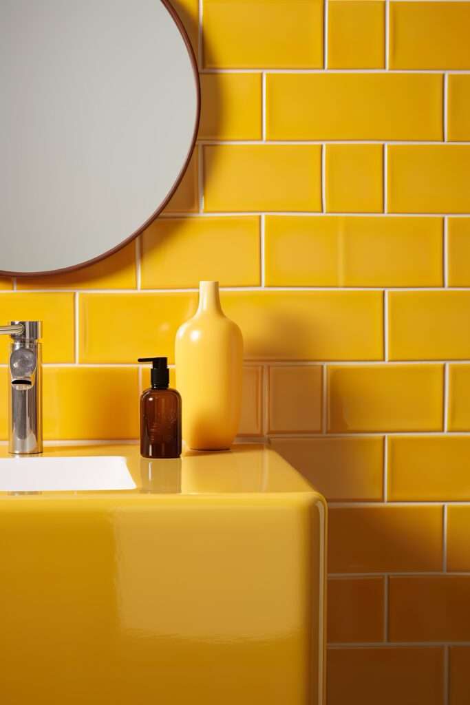 Moderne badkamer met gele wandtegels, gele wastafel, ronde spiegel, design vaas en zeepdispenser – kleurrijke en trendy badkamerinspiratie.