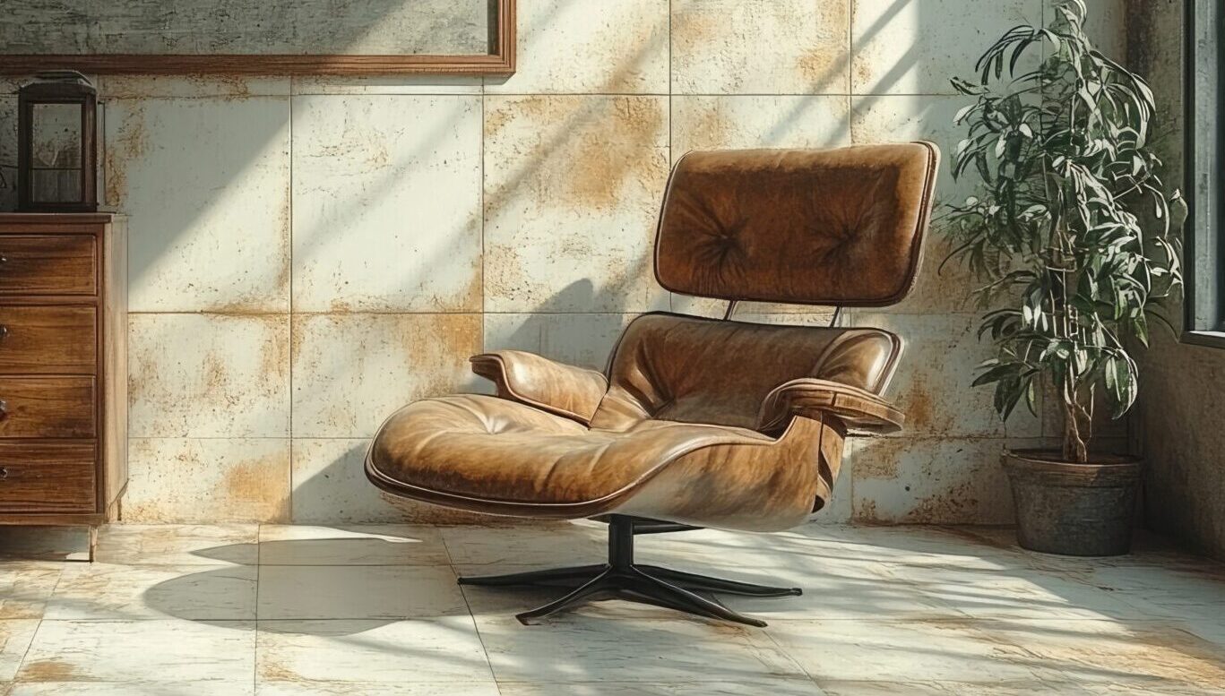 Industrieel interieur met grote vierkante vloertegels en wandtegels met roestbruine accenten, leren lounge fauteuil en natuurlijk licht – inspiratie voor warme en robuuste tegeltrends in de woonkamer
