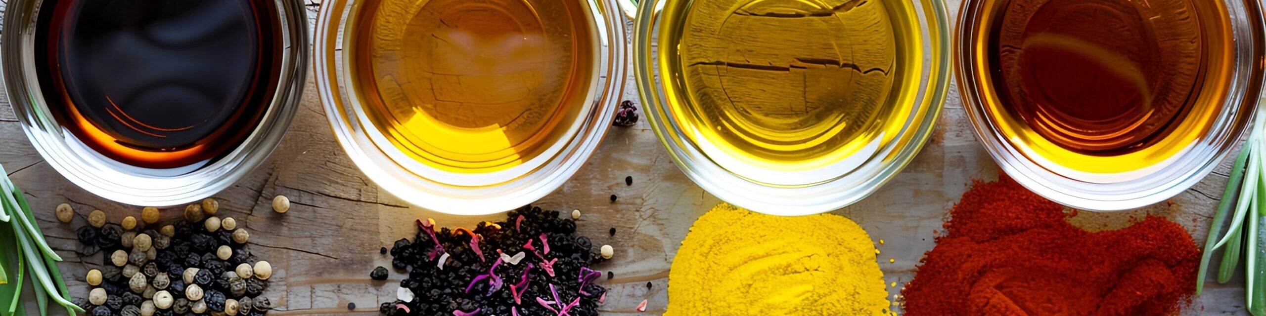 Vier glazen bakjes met verschillende soorten olie en kruiden op een houten keukenblad met keramische tegels. Ideaal voor een sfeervolle keuken met kleurrijke, praktische keuken tegels.