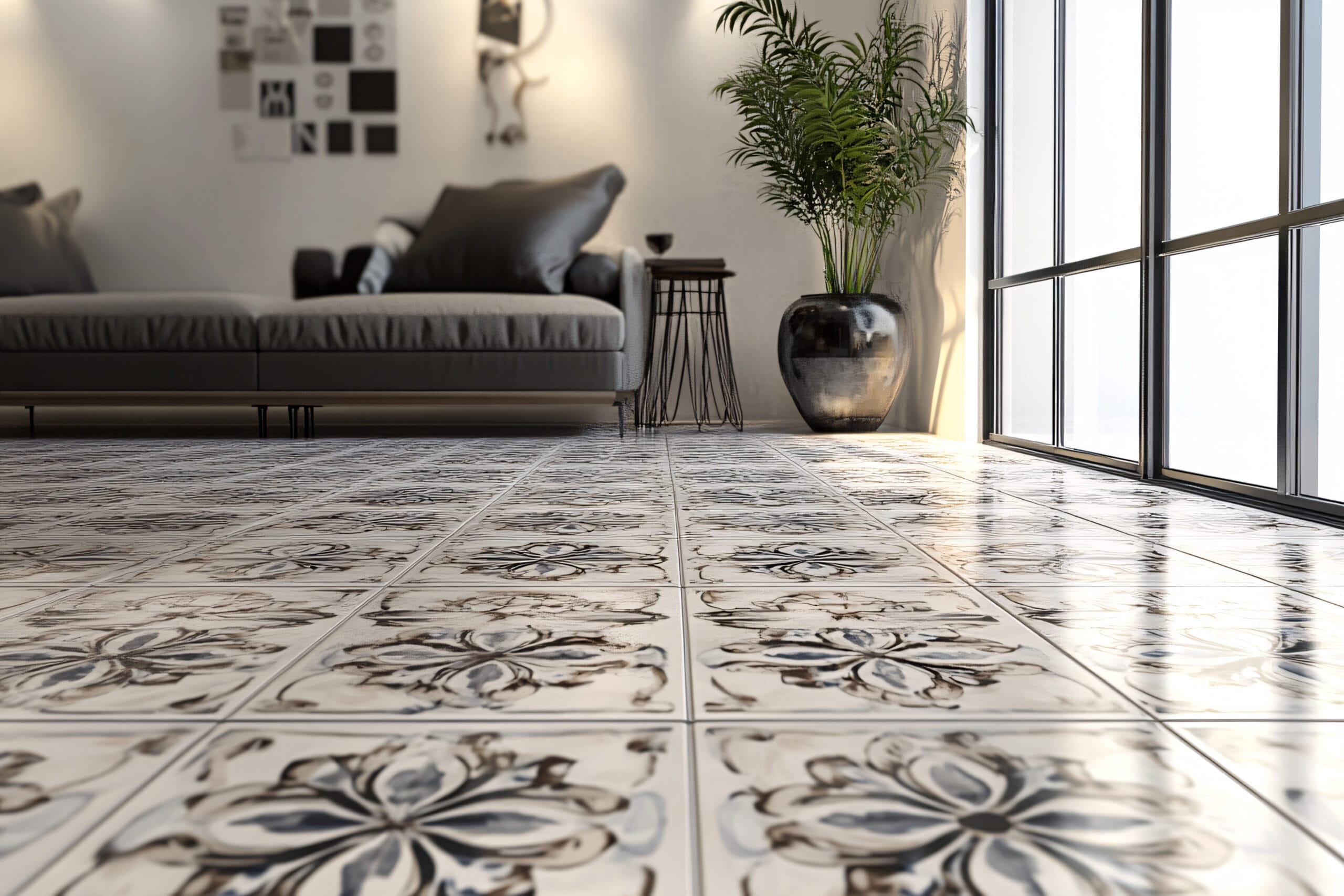 Sfeervolle woonkamer met decoratieve Portugese vloertegels in een klassiek patroon. De keramische tegels geven de ruimte een authentieke en warme uitstraling. Perfect voor een tijdloos interieur en ideaal als vloertegels in de woonkamer.