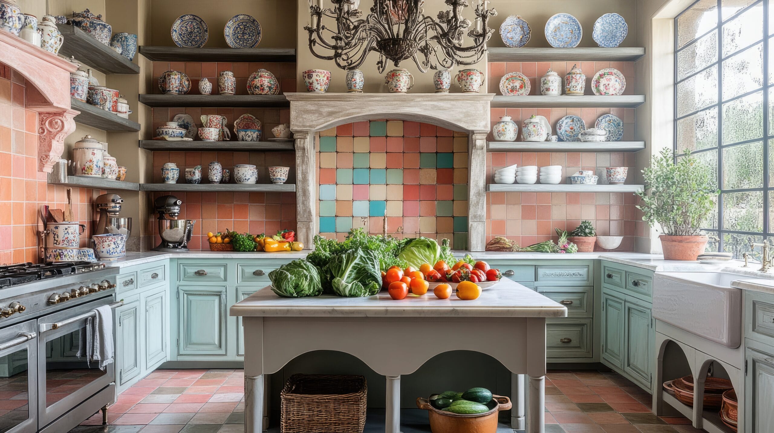 Landelijke keuken met handgemaakte keramische wandtegels in warme kleuren. De tegels in oudroze, zachtgroen en turquoise zorgen voor een authentieke, mediterrane sfeer. Perfect voor liefhebbers van kleurrijke keuken tegels en een landelijke woonstijl.