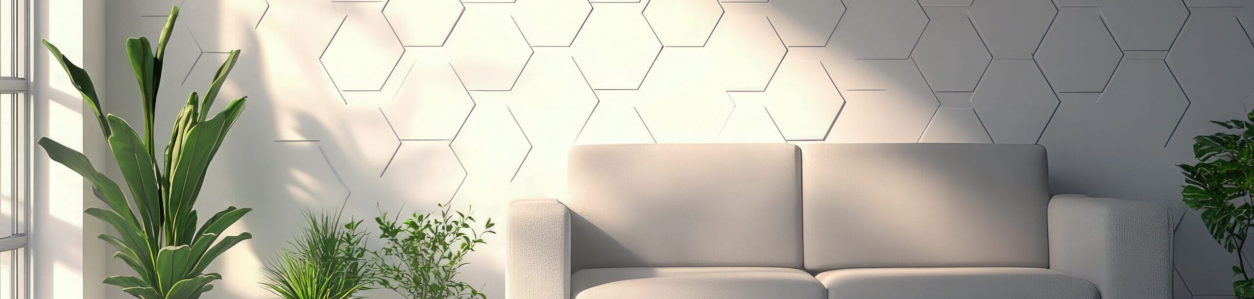 Moderne woonkamer met een 3D wand van witte hexagon wandtegels. De geometrische structuur zorgt voor een speelse en eigentijdse uitstraling, perfect voor een stijlvol interieur met keramische designtegels.