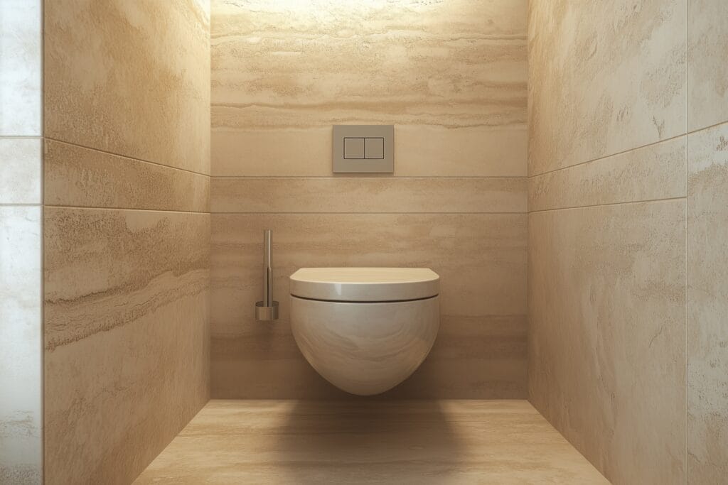 Moderne wc met beige wandtegels en vloer, voorzien van minimalistisch hangtoilet. Deze toiletruimte laat perfect zien hoe lichte keramische tegels een ruimtelijk en stijlvol effect creëren. Ideaal voor inspiratie voor een moderne toiletruimte met tegels.