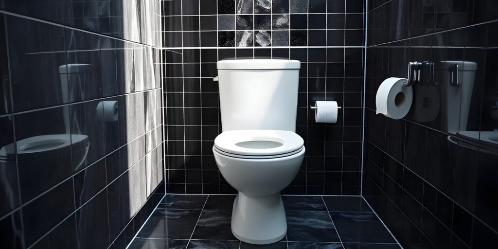 Stijlvol toilet met glanzende zwarte wandtegels en witte wc-pot. Deze moderne toiletruimte met zwarte tegels laat zien hoe donkere tegels een luxe en elegante uitstraling geven aan het toilet. Perfect voor inspiratie voor een luxe en trendy wc met tegels.