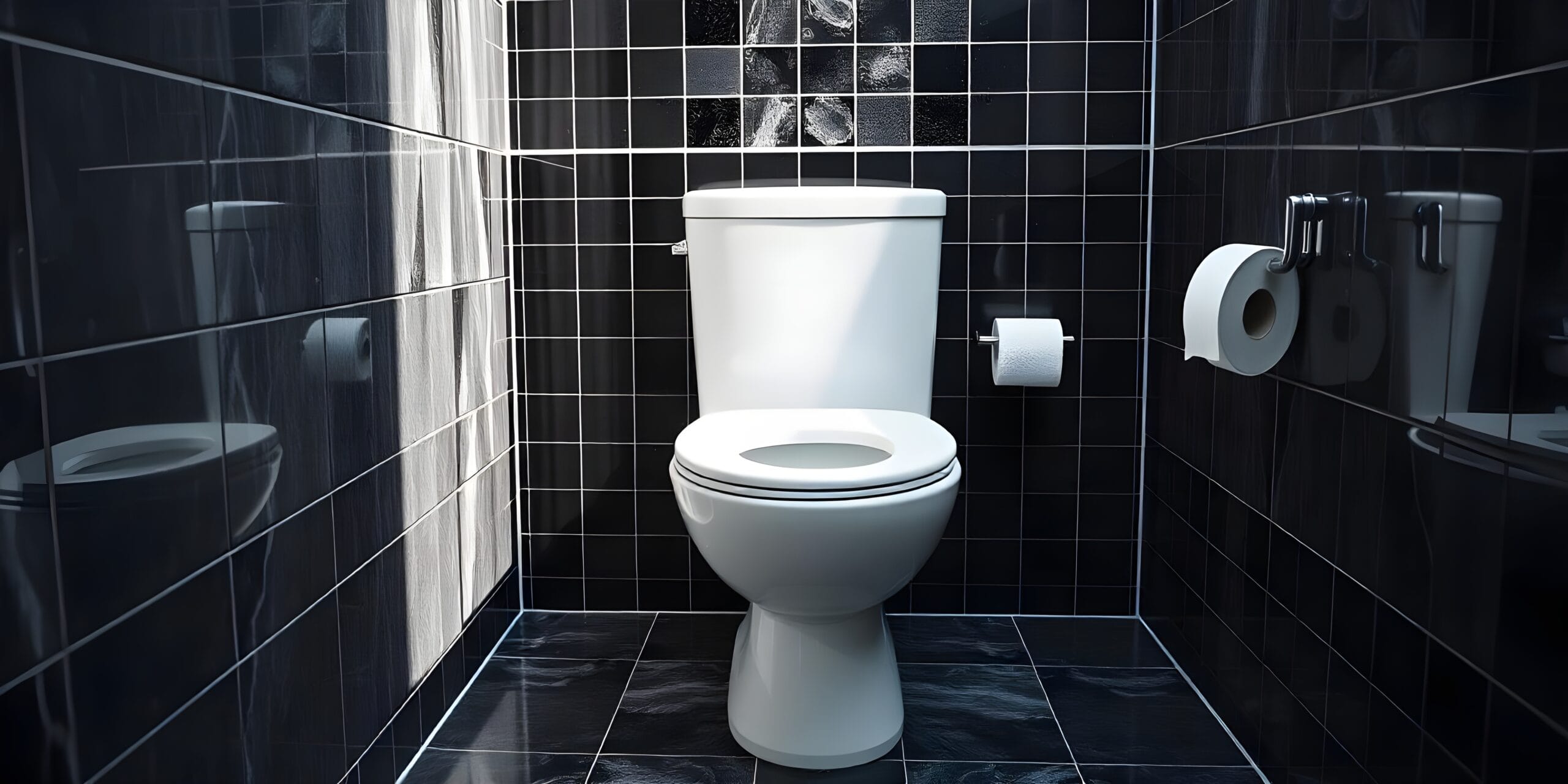 Stijlvol toilet met glanzende zwarte wandtegels en witte wc-pot. Deze moderne toiletruimte met zwarte tegels laat zien hoe donkere tegels een luxe en elegante uitstraling geven aan het toilet. Perfect voor inspiratie voor een luxe en trendy wc met tegels.