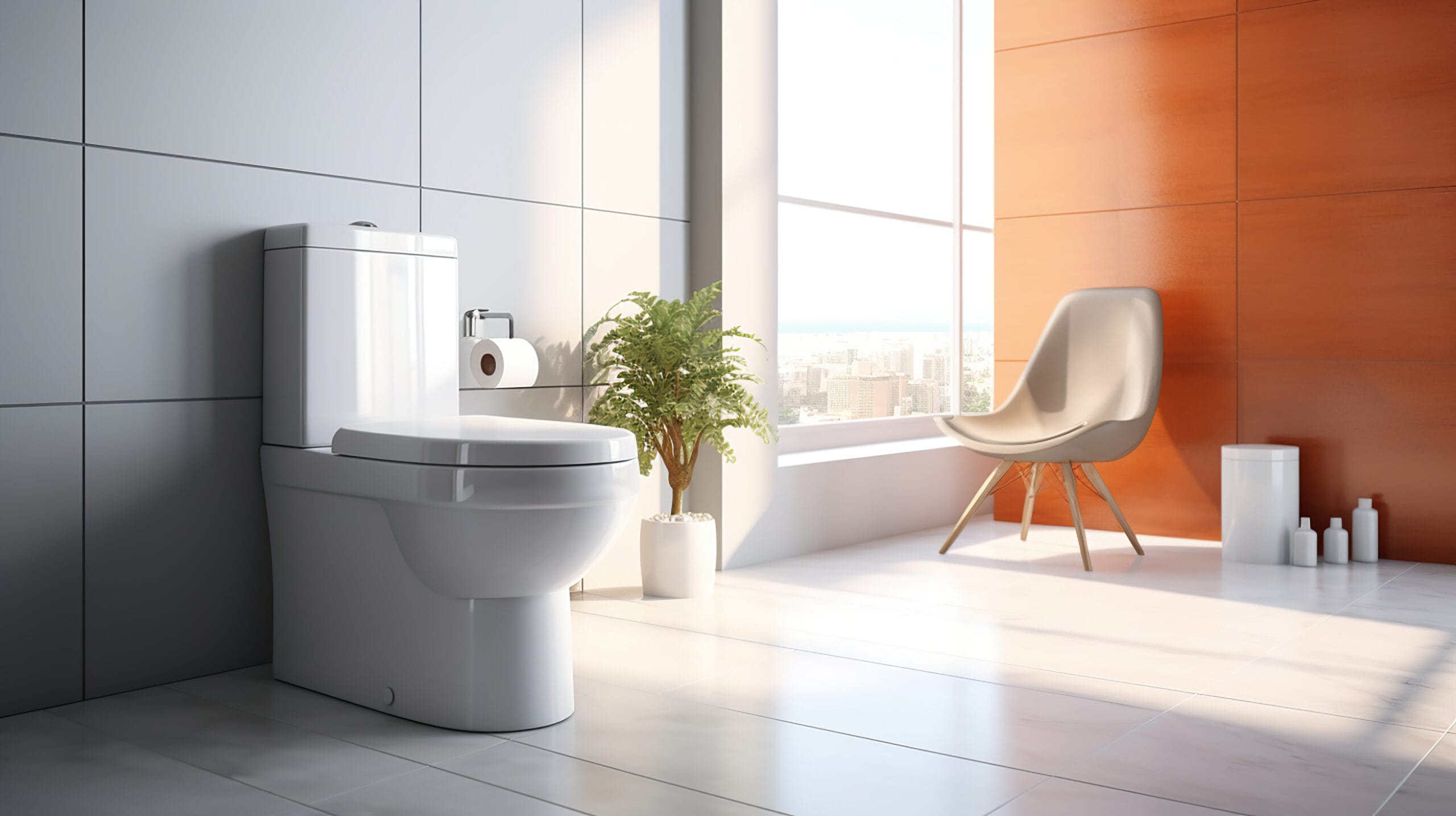 Luxe, modern toilet met grote grijze wandtegels en witte vloertegels, naast een raam met uitzicht op de stad. Het toilet is stijlvol ingericht met designtegels, een minimalistische stoel en een groene plant. Inspiratie voor een moderne toiletruimte met tegels.
