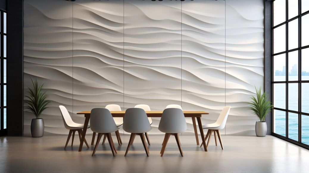 Moderne eetkamer met grote golvende 3D-wandtegels in licht beige, designinspiratie voor trendy wandtegels in de woonkamer of eetkamer