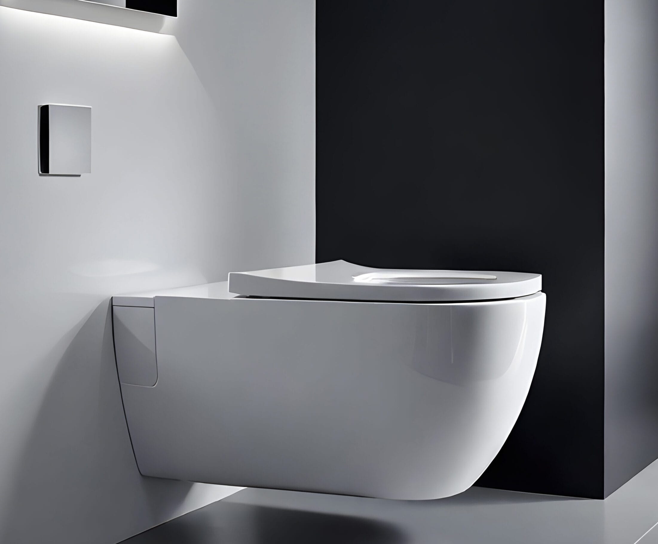 Strak hangtoilet in een minimalistisch badkamerinterieur, met witte en zwarte wandtegels voor een moderne en luxe uitstraling.