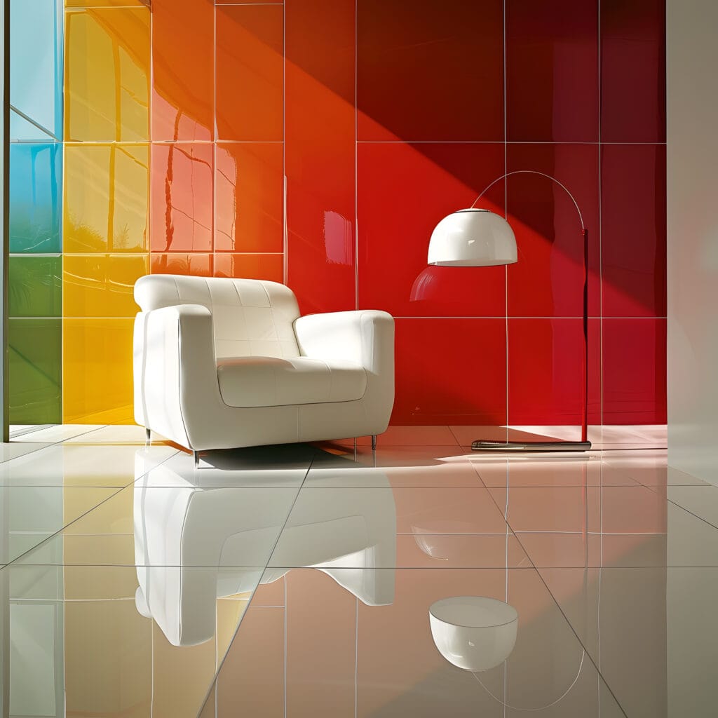 Grote glanzende keramische wandtegels in regenboogkleuren geel, oranje en rood geven deze moderne woonkamer een opvallende en kleurrijke uitstraling. De hoogglans tegels zorgen voor een luxe, eigentijdse sfeer en reflecteren het daglicht prachtig, perfect voor liefhebbers van design en kleuraccenten in het interieur.