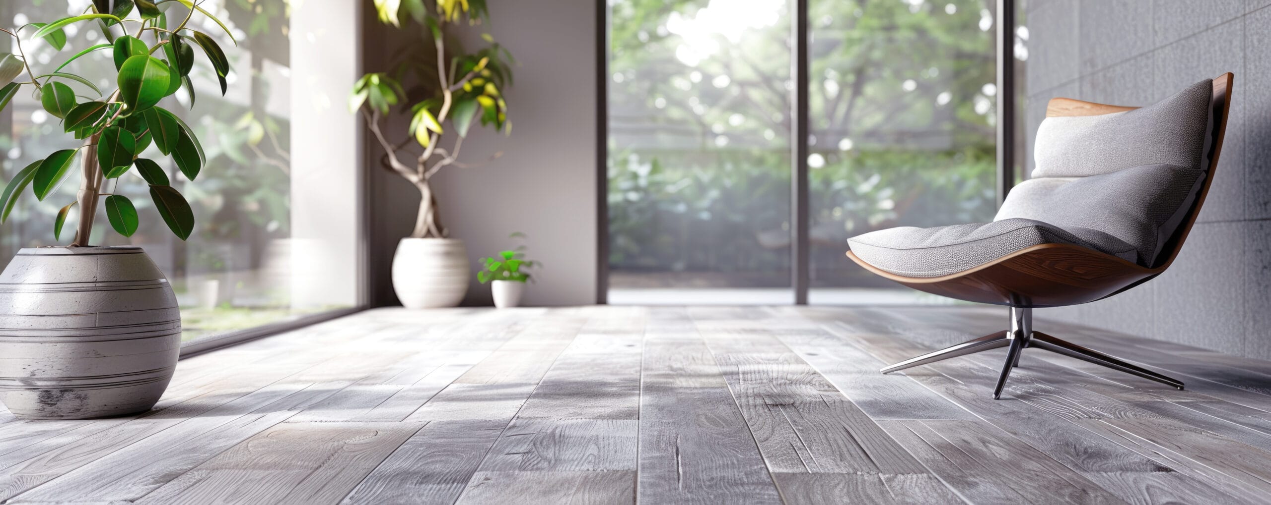 Lichte woonkamer met keramische houtlook vloertegels in grijstinten. De vloer heeft de uitstraling van houten planken maar biedt het onderhoudsgemak van tegels. Ideaal voor een modern interieur met een natuurlijke uitstraling.