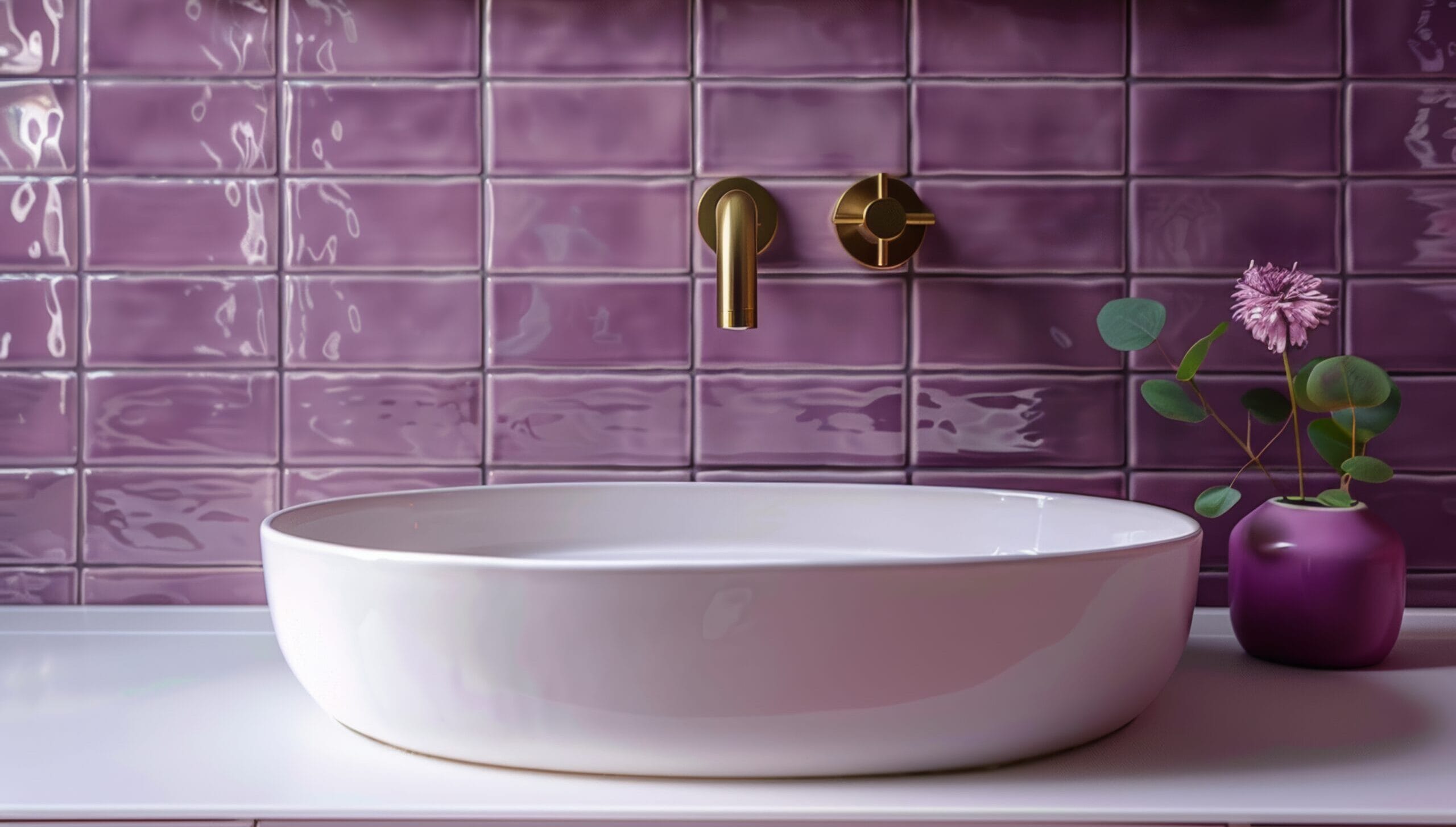 Wastafel voor paarse geglazuurde wandtegels in volsteensverband, inspiratie voor kleurrijke badkamertegels en creatieve legpatronen