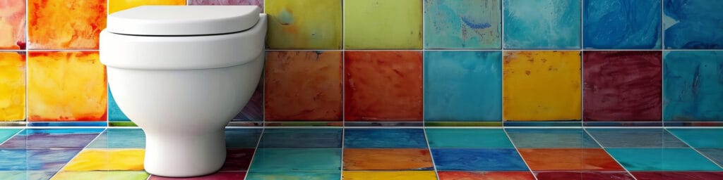 Kleurrijke badkamer met opvallende, handgemaakte keramische tegels in verschillende kleuren op de wand en vloer, met een modern wit toilet. Inspiratie voor creatieve badkamer tegels, unieke vloer- en wandbekleding en speelse toiletruimtes.