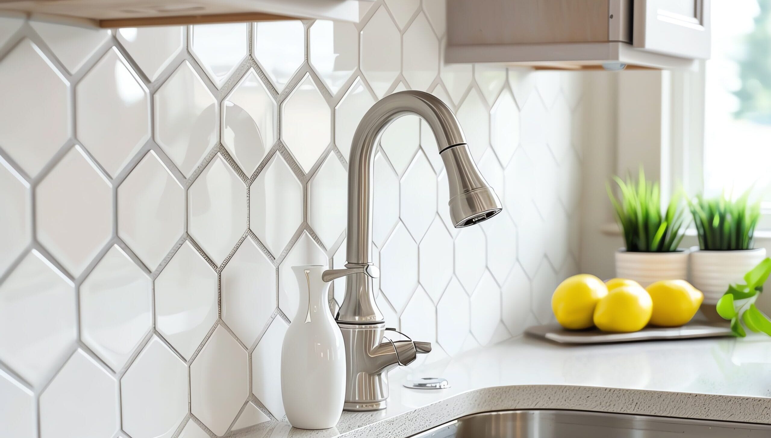 Keukenwand met zeshoekige hexagonale tegels in zachte pasteltinten voor een moderne look