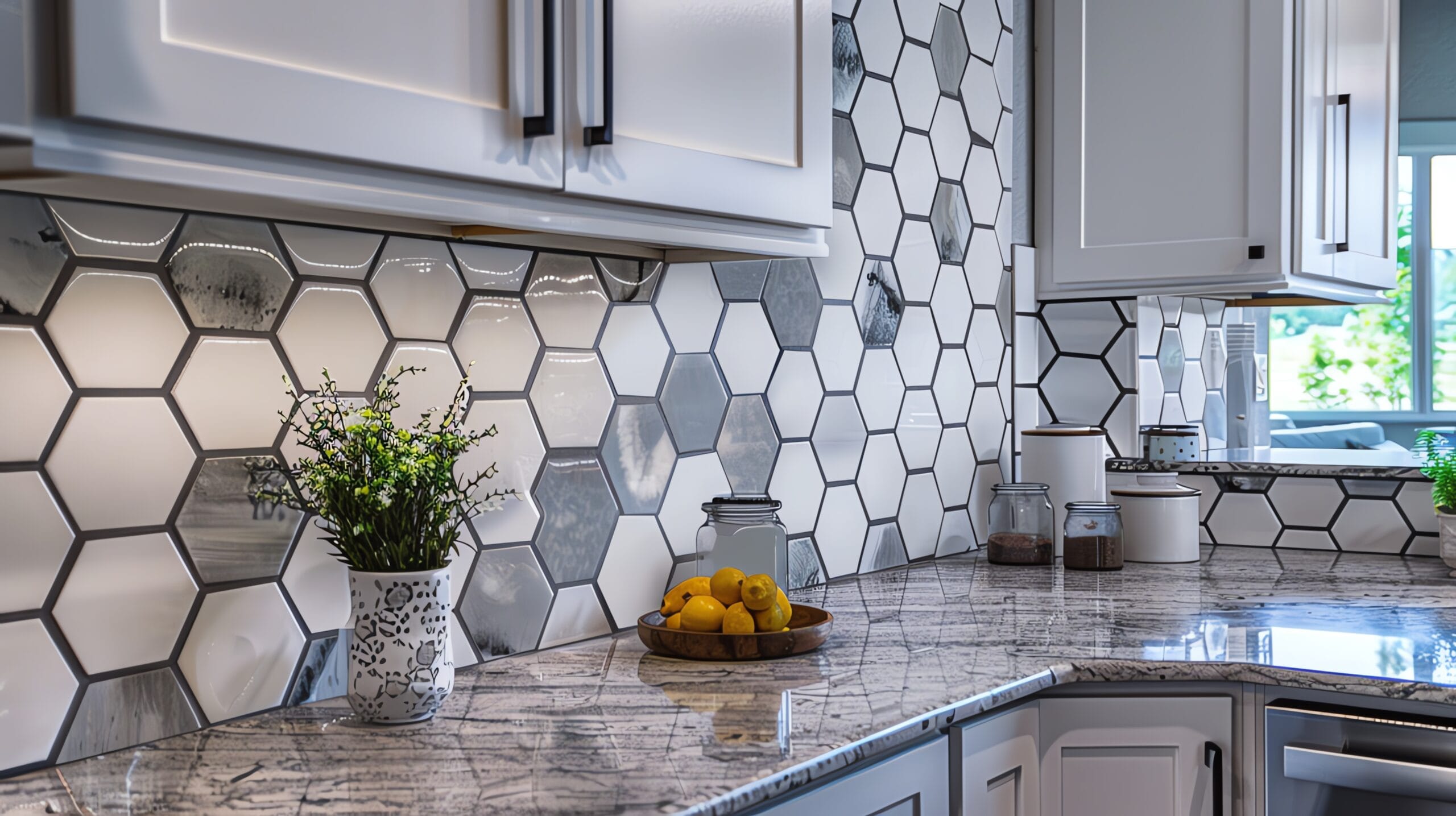 Moderne keuken met opvallende hexagon wandtegels in grijstinten, inspiratie voor trendy keukenwandtegels en zeshoekige legpatronen