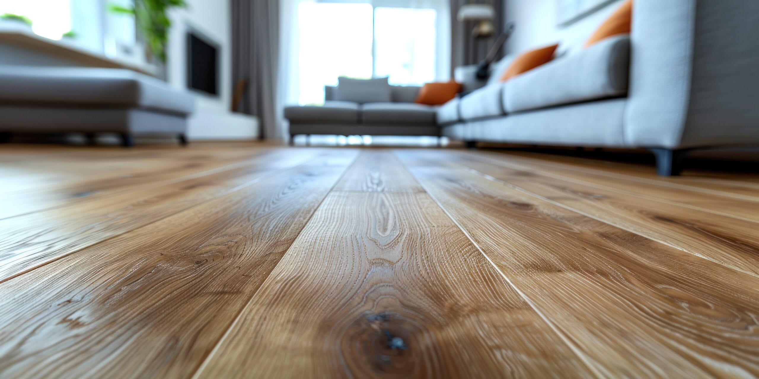 Close-up van een houtlook tegelvloer in een moderne woonkamer, met natuurlijke houtnerfstructuur die zorgt voor een warme en sfeervolle uitstraling. Houtlook tegels zijn onderhoudsvriendelijk en duurzaam, perfect voor dagelijks gebruik in huis.