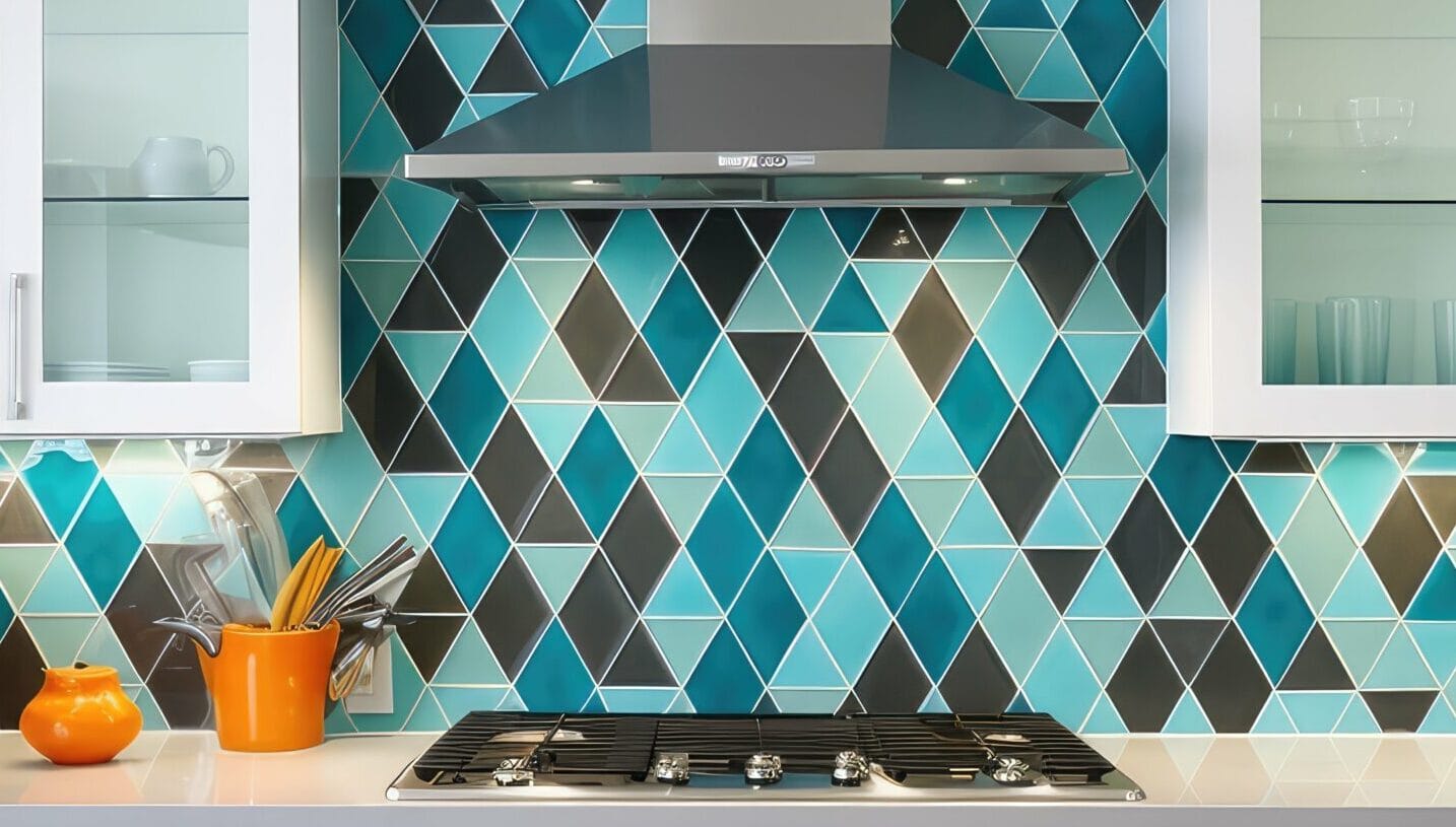 Keukenwand met geometrisch patroon van driehoekige tegels in diverse kleuren