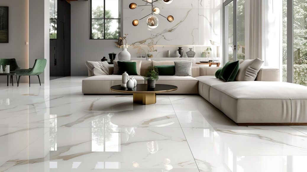Luxe moderne woonkamer met grote glanzende marmerlook vloertegels en lichte meubels, inspiratie voor keramische tegels en elegante vloertrends