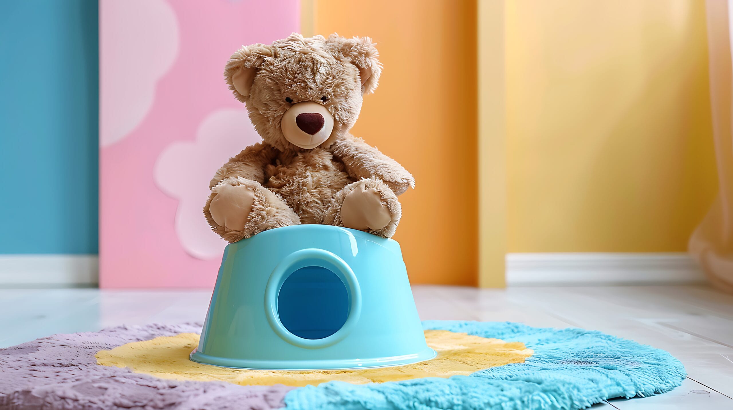 Pluche teddybeer op kinderpotje, zittend op pastel kleurige vloertegels, kinderkamer tegels inspiratie, veilige tegels voor kinderkamer, kindvriendelijke vloertegels.