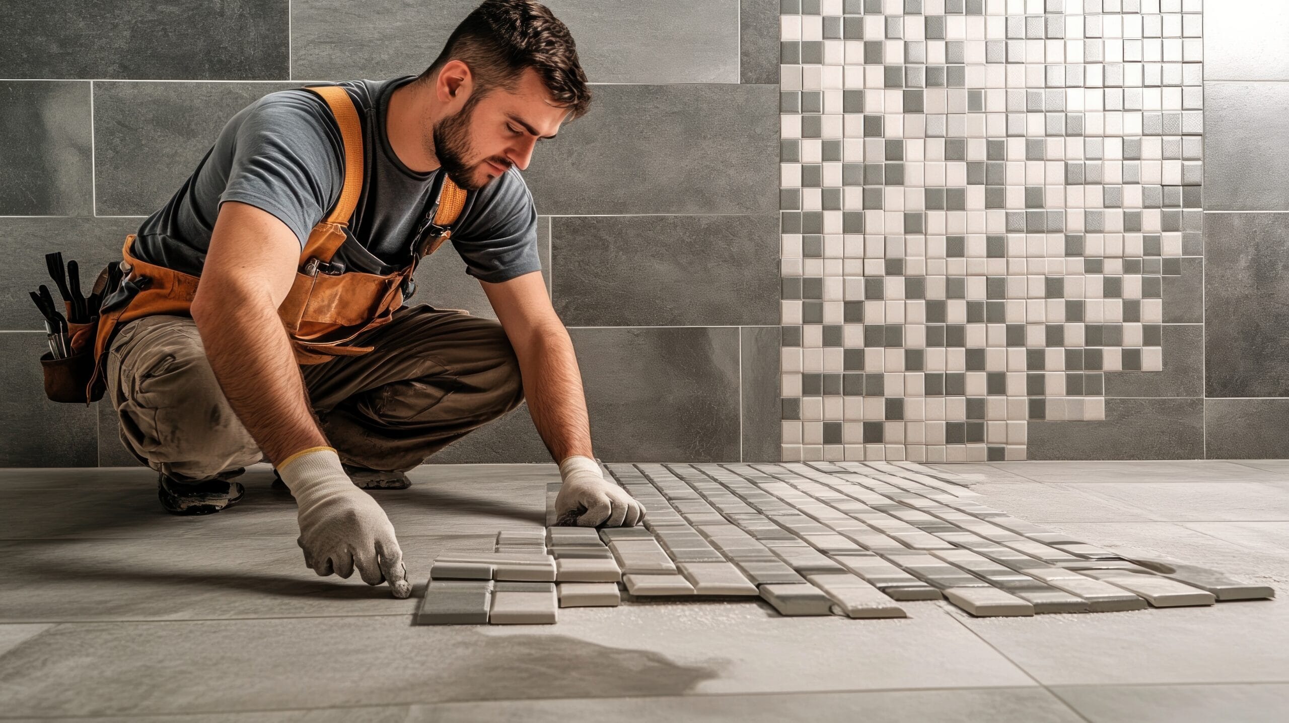 Vloer- en wandtegelzetter bezig met het plaatsen van grijze keramische tegels en mozaïektegels in een moderne badkamer. De tegelzetter zorgt voor een strak en professioneel resultaat met hoogwaardige tegels.