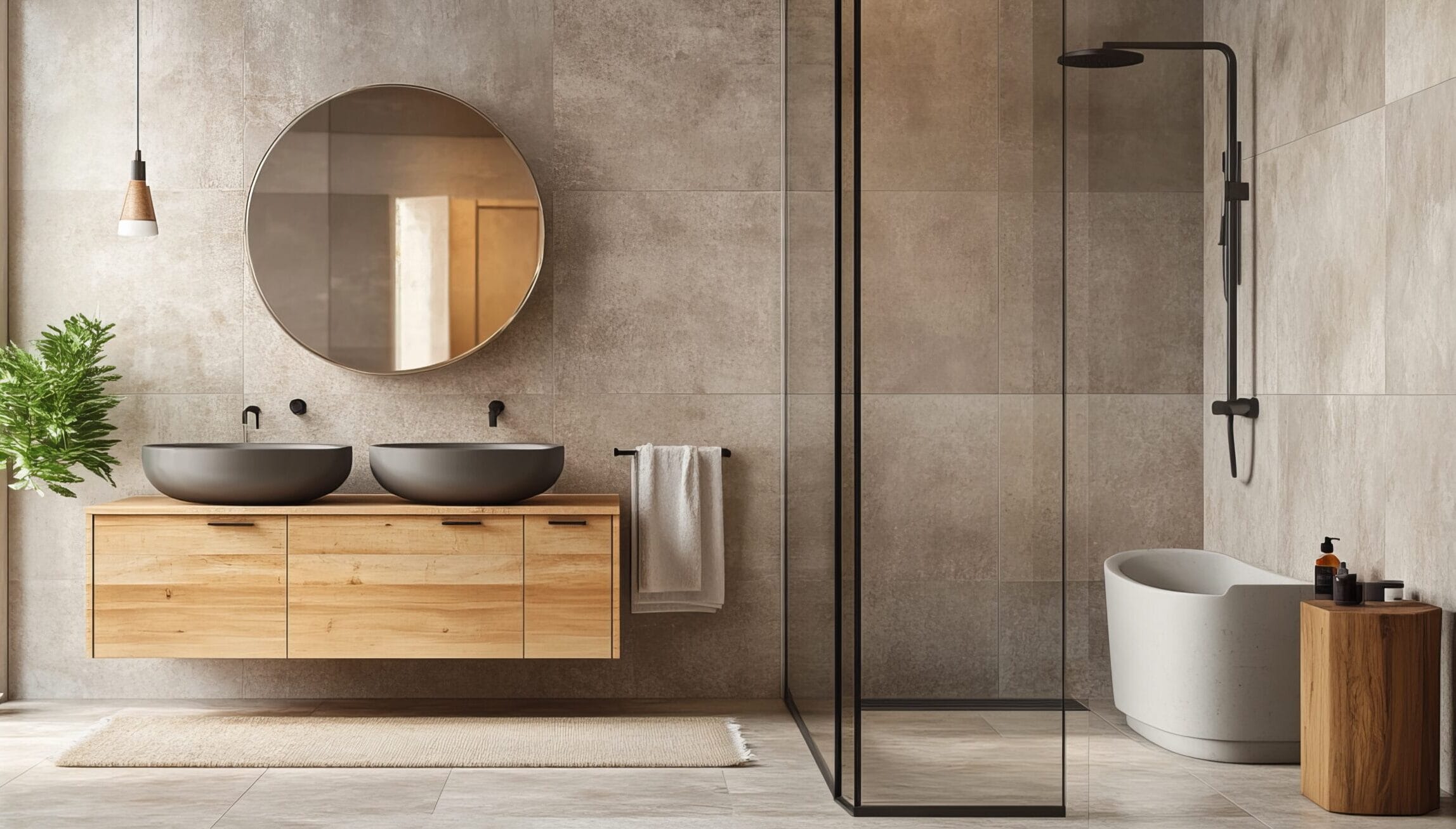 Moderne badkamer met grote marmerlook tegels op de wand en vloer – inspiratie voor luxe badkamertegels