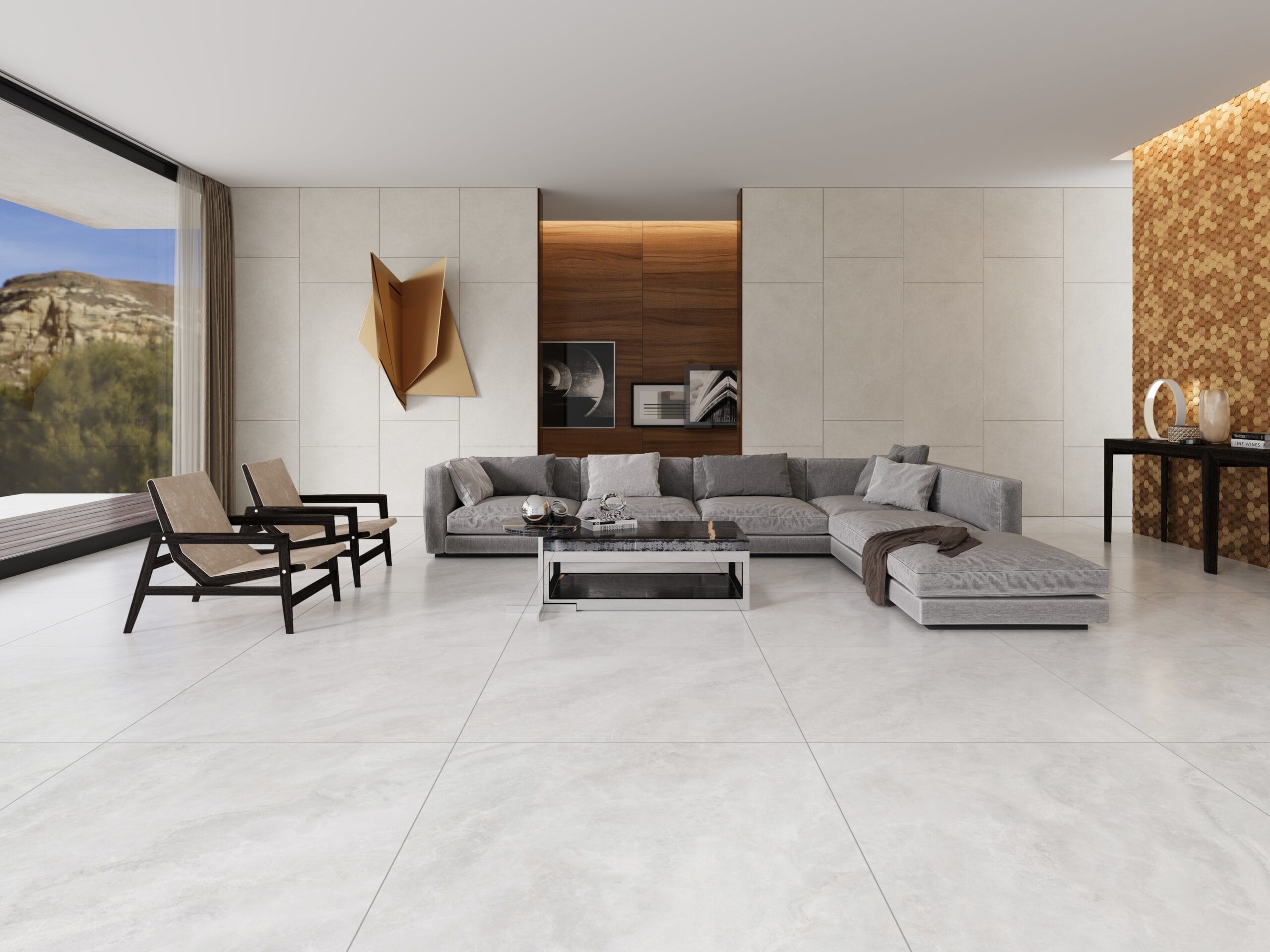 Moderne woonkamer met XXL-tegels van 120x240 cm in marmerlook, minimalistisch ingericht