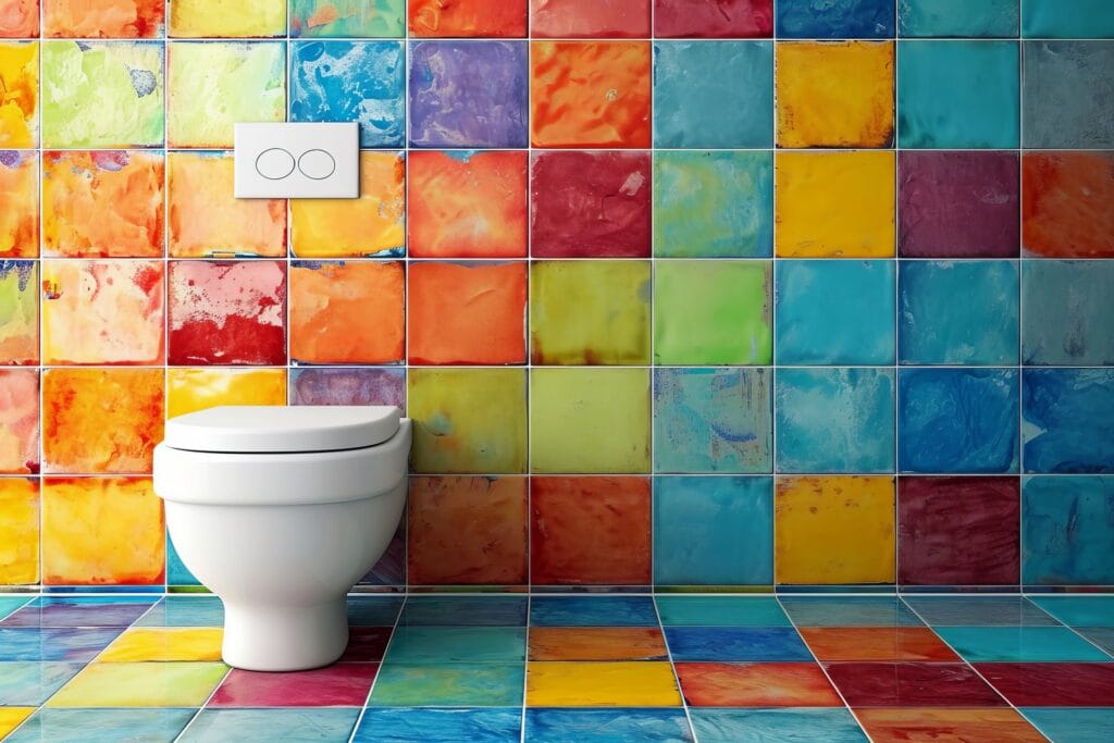 Kleurrijke badkamer met opvallende, handgemaakte wandtegels en vloertegels in regenboogkleuren. Deze kleurrijke badkamertegels brengen sfeer en inspiratie voor mensen die zoeken naar unieke badkamer tegels, handgemaakte wandtegels, of creatieve tegel ideeën voor toilet of badkamer.