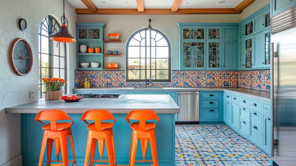 Mooie keuken met kleurrijke mozaïektegels op de vloer en als achterwand. De mediterrane keuken heeft opvallende oranje en blauwe mozaïektegels die zorgen voor een levendig effect, gecombineerd met turquoise keukenkastjes. Ideaal voor wie zoekt naar unieke keukentegels en inspiratie voor een kleurrijke keuken.