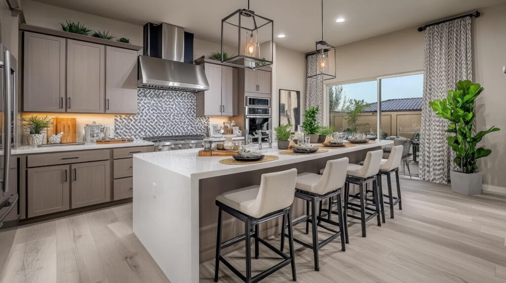 Luxe moderne keuken met groot eiland en keramische keukenblad, lichte houtlook vloertegels en een opvallend visgraat tegelpatroon als achterwand.