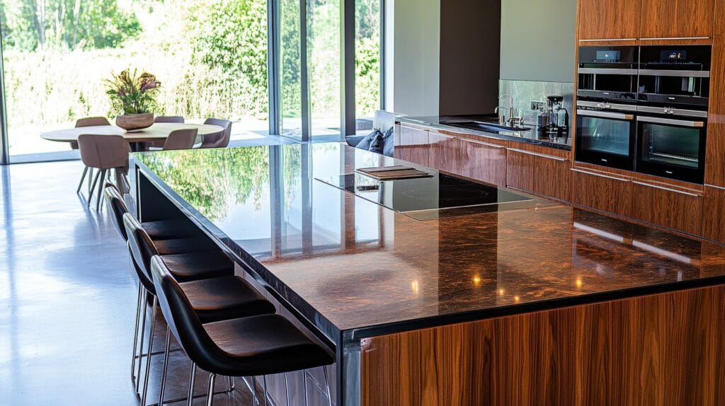 Moderne keuken met groot kookeiland en luxe keramische keukenblad, omgeven door houtlook keukenkasten en veel natuurlijk licht.