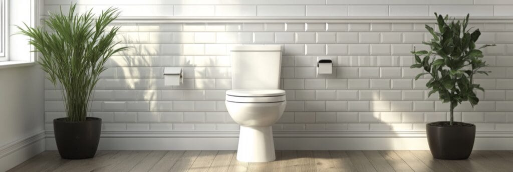 Stijlvol toilet met glanzende witte metro wandtegels en houtlook vloertegels. Planten in zwarte potten geven het moderne toilet een frisse en natuurlijke uitstraling.