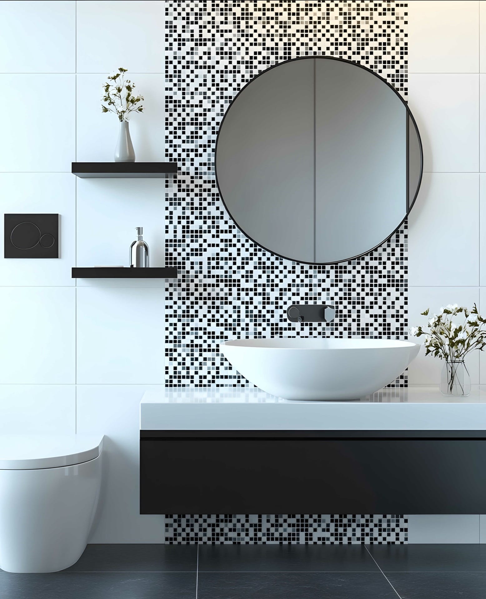 Stijlvol toilet met zwart-witte mozaïektegels, ronde spiegel, moderne wastafel en zwevend badkamermeubel. Ideaal als inspiratie voor een luxe en eigentijdse toiletruimte.