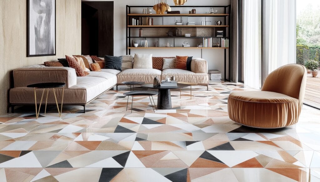 Moderne woonkamer met opvallende keramische vloertegels in geometrisch patroon, grote hoekbank, velvet fauteuil en veel daglicht – inspiratie voor trendy vloerdesign.