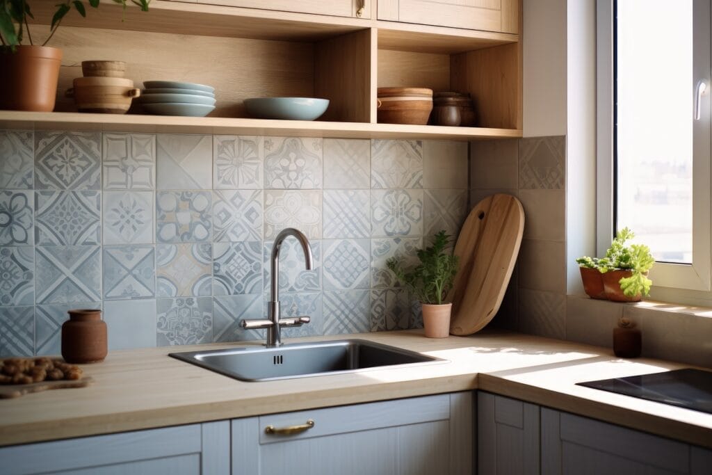 Keuken met landelijke keuken tegels als achterwand, in blauw patroon met mediterrane en Portugese tegelmotieven. Ideaal als keukenwandtegels voor een authentieke en sfeervolle keukeninrichting.