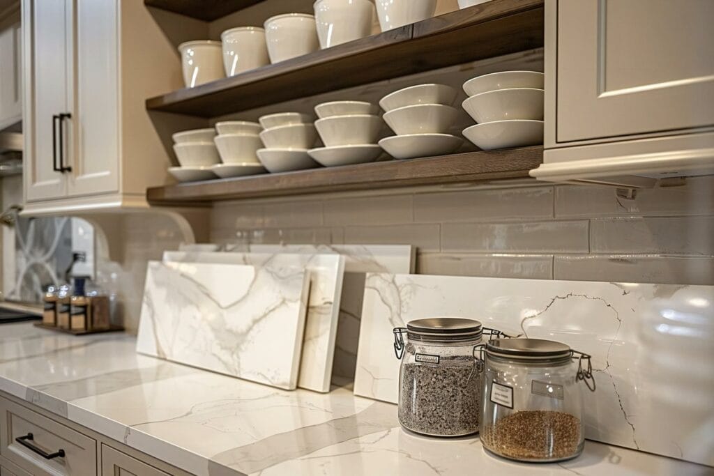 Luxe keuken met marmerlook tegels als keukenblad en spatwand, gecombineerd met beige wandtegels en open houten planken. Deze keramische tegels met marmer effect zijn perfect als keuken achterwand en geven de ruimte een moderne, elegante uitstraling. Ideaal voor wie op zoek is naar onderhoudsvriendelijke marmerlook tegels voor een stijlvolle keuken.