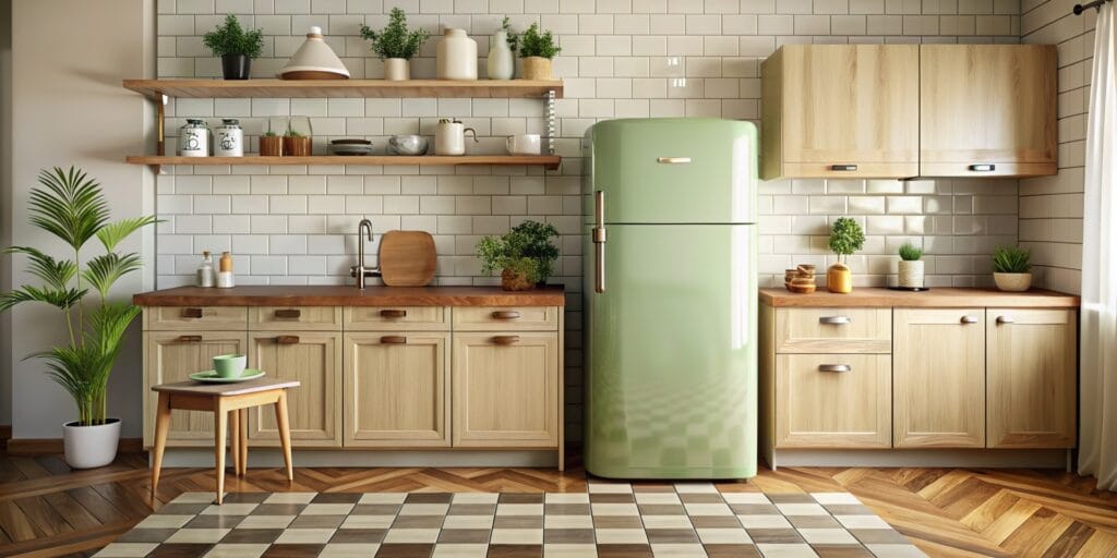 Sfeervolle retro keuken met glanzende witte metro wandtegels en houtlook keukenkastjes. De keramische wandtegels zorgen voor een frisse, tijdloze uitstraling en zijn ideaal als keuken wandtegel of spatwand. De vintage uitstraling wordt versterkt door de visgraat vloertegels en de mintgroene retro koelkast, perfect voor liefhebbers van een unieke keukenstijl.