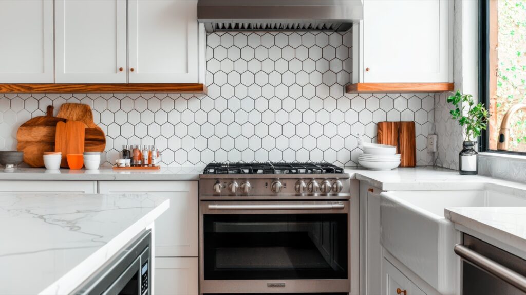 Moderne keuken met witte hexagon tegels als achterwand en stijlvolle witte keukenkasten. De geometrische keuken tegels zijn ideaal als inspiratie voor keuken achterwand tegels, witte wandtegels en moderne tegeltrends in de keuken.