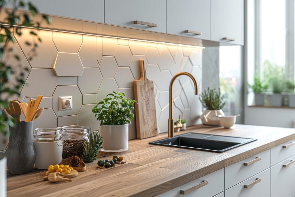 Keuken met moderne hexagon tegels als spatwand, perfect voor een eigentijdse keuken look. De lichtgrijze wandtegels combineren prachtig met het houten keukenblad en gouden keukenkraan. Ideaal als inspiratie voor trendy keuken tegels en moderne wandtegel ideeën.