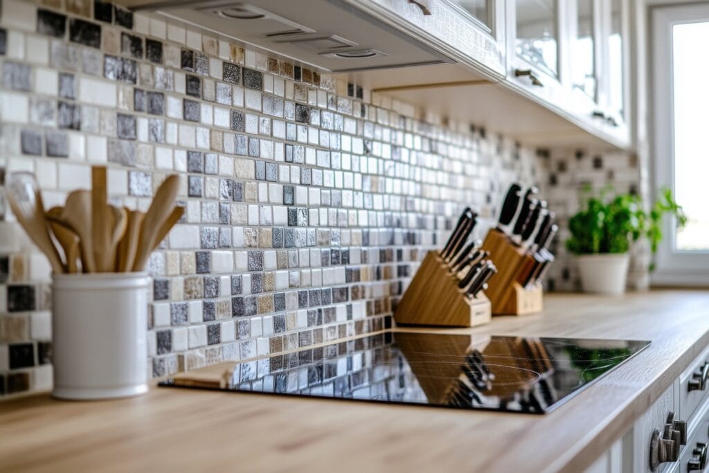 Keuken met glanzende mozaïektegels als achterwand, in tinten grijs, wit en beige, perfect als keuken tegels en mozaïektegels inspiratie. De kleine vierkante wandtegels geven een moderne uitstraling aan het werkblad en maken deze keuken stijlvol en onderhoudsvriendelijk.