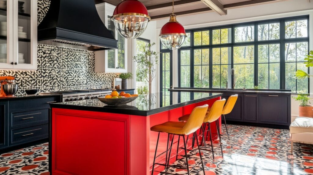 Luxe keuken met opvallende Portugese patroontegels op de vloer en wand, gecombineerd met een modern rood keukeneiland en grote raampartijen. De decoratieve vloertegels en wandtegels geven de ruimte een unieke, Mediterrane uitstraling. Perfect voor inspiratie voor design tegels, Portugese tegels en keuken tegels.
