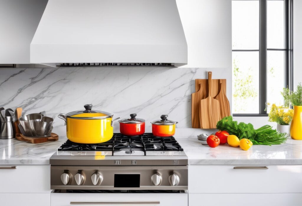 Keuken met marmeren keukenblad en wandtegel, luxe wit keukenblad, roestvrijstalen fornuis en kleurrijke pannen – moderne uitstraling met keramische tegels.