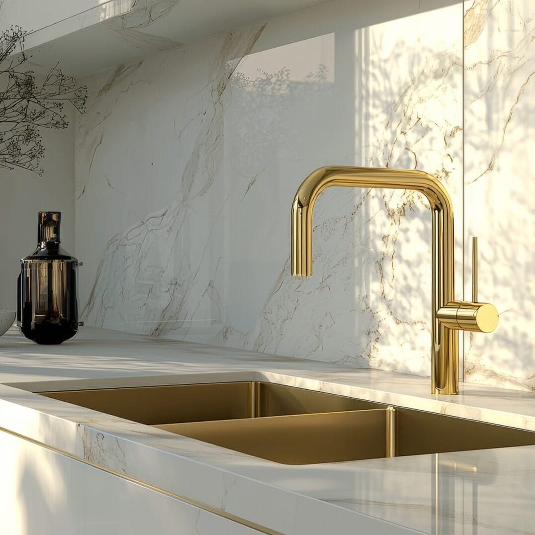 Marmerlook keukentegels als spatwand en werkblad van keramiek, perfect voor een luxe moderne keuken. Deze keramische marmer tegels zorgen voor een elegante uitstraling en zijn eenvoudig schoon te houden – ideaal voor keukens met een gouden kraan en hoogwaardige afwerking.