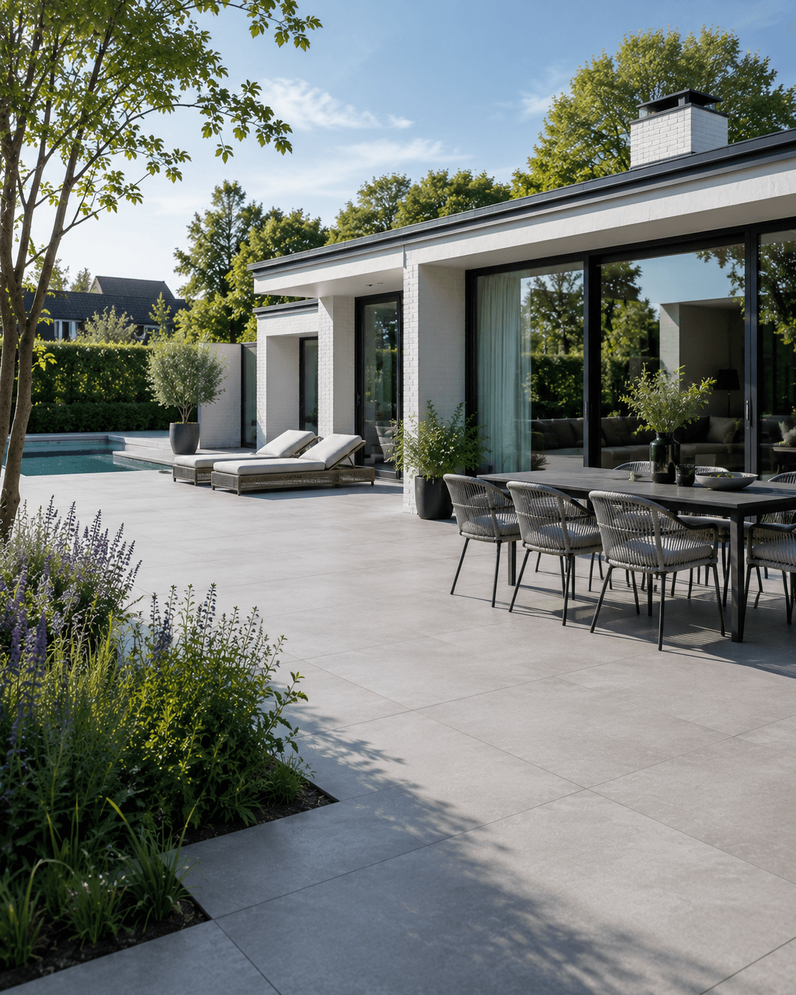Modern terras met zwembad en tuin